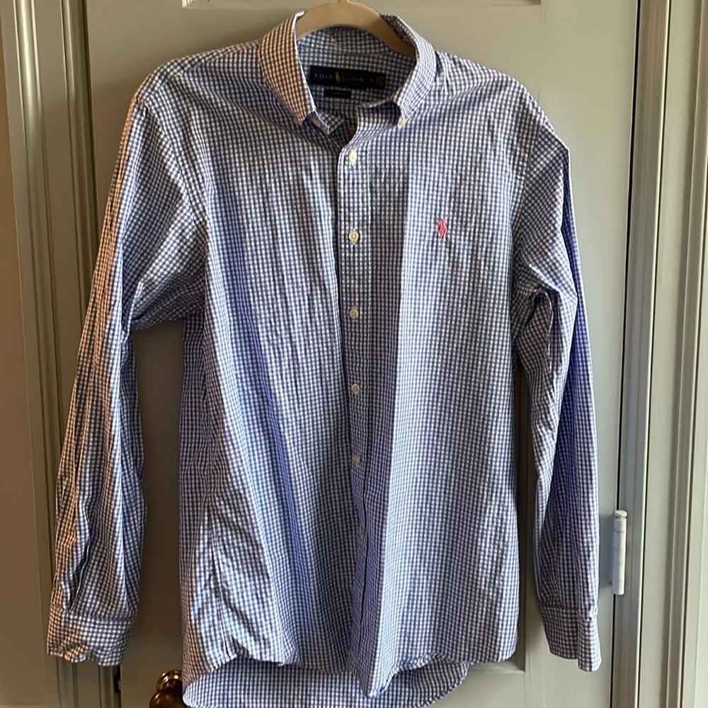 Men’s Blue and White Gingham Polo Button Down Shirt Medium